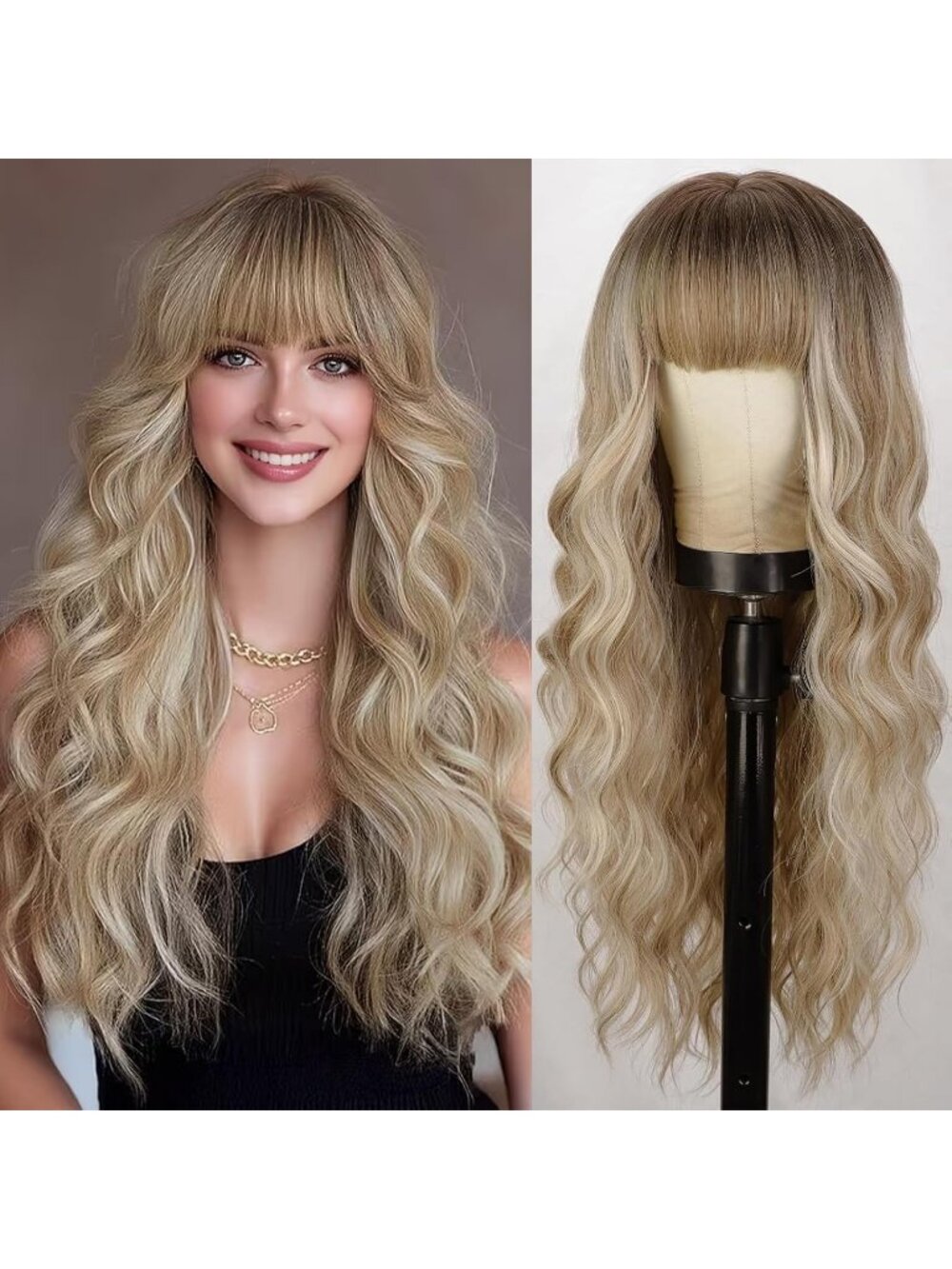 Women's Fashion Dirty Blonde Soft Long Natural Looking Wavy Curly Wig with Bangs